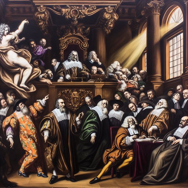 Barokke rechtszaal met rechter en jury die een juridische zaak behandelen in een dynamische Rubens-stijl