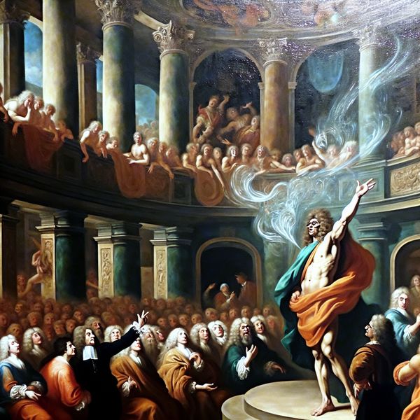 Kracht van overtuiging: barokke voorstelling van invloedrijke toespraak Barokke scène van een krachtige redenaar die een emotioneel publiek overtuigt met zijn woorden, symbolisch voor invloed en overtuigingskracht