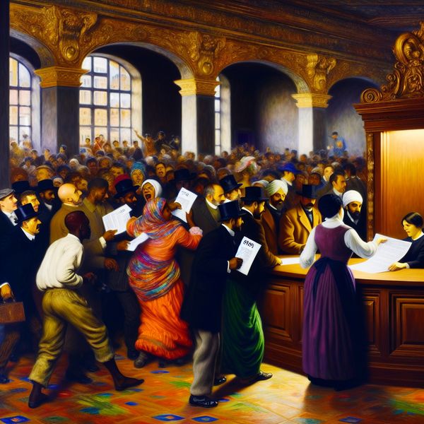 Barokke registratie kantoor met identificatienummers Dramatise barokke scene van een druk registratie kantoor met een clerk die identificatienummers uitdeelt aan diverse mensen.