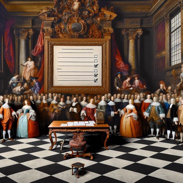 Barokke Registratieformulieren en Discussie Een prachtig versierd registratieformulier op een tafel in een Barokke kamer, met een diverse groep mensen die het formulier bespreken en het omcirkelen.