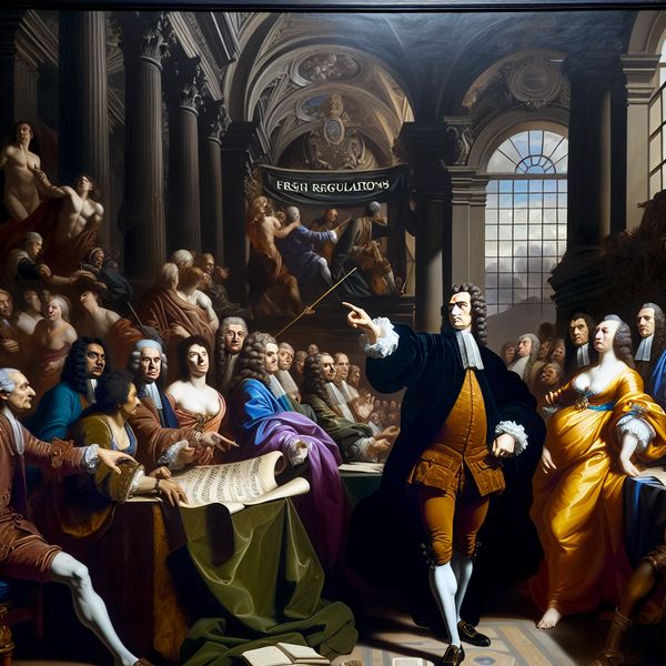 Barokke voorstelling van een groep gezagsdragers in een weelderige zaal, waarbij een centrale figuur wijst naar een document met nieuwe regels, symboliserend bestuur en gezag