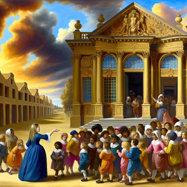 Barokke scène met kinderen en toestemming Barokke scène met kinderen geleid door een volwassene naar een groot, versierd gebouw, met een expressieve lucht op de achtergrond.