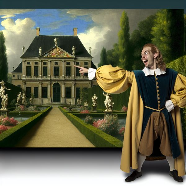 Barokke scène door Peter Paul Rubens-stijl met majestueus huis Een imposant huis in barokstijl met een krachtige figuur in de tuin, met levendige kleuren en dramatisch licht