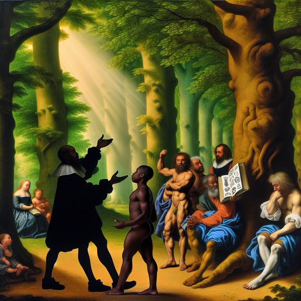 Barokke scène van mensen die alternative betekenissen bespreken in een bos Een barokke scène in een weelderig bos met oude bomen en een diverse groep mensen die discussiëren. Een persoon maakt een dramatische gebaar terwijl een kind met een boek aan de voet van een boom zit.
