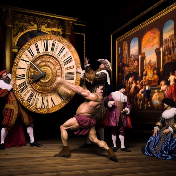 Barokke illustratie van tijdsaanduiding en momenten in levendige conversatie Barokke scène met elegante figuren die een grote kalender en klok aanwijzen, illustrerend het vragen naar een specifiek tijdstip in een weelderige 17e-eeuwse setting