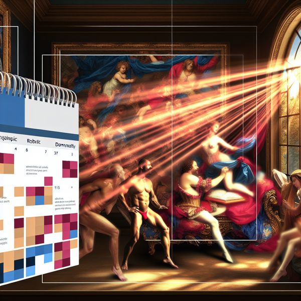 Barokke Scène van Vroegtijdige Activiteit Geïnspireerd door Rubens Een levendige Barok scène geïnspireerd door Peter Paul Rubens, met mensen in een rijk versierde kamer rond een grote tafel.