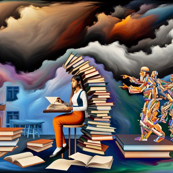 Barok Schilderij van Stress in het Leren Barokke schilderij van een gestresseerde student aan een bureau omringd door een berg boeken, met een oude mentor die probeert te helpen