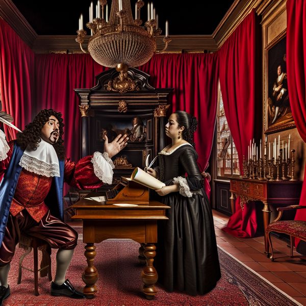 Barokke schrijver die een brief dicteert aan zijn secretary Barokke scène van een schrijver die een letter dicteert aan een secretary in een luxueuze kamer