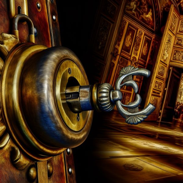 Grote, versierde metalen sleutel die in een antiek koperen slot van een houten deur wordt gestoken, barokstijl van Peter Paul Rubens