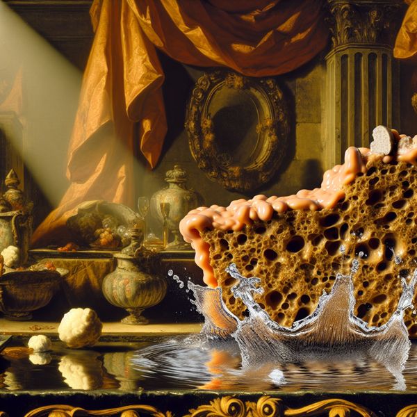 Grote barokke spons die water absorbeert op een weelderige tafel, dynamische compositie in de stijl van Rubens