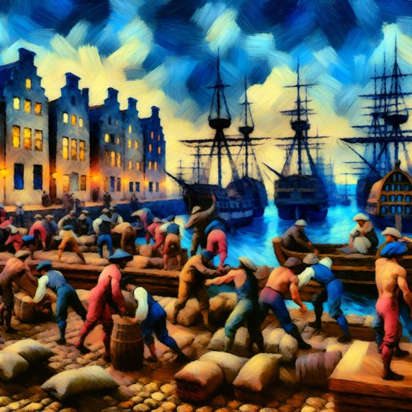 Historische stadshaven in barokstijl: dynamisch tafereel met schepen en dokwerkers Barokke schildering van een levendige historische stadshaven met dokwerkers, schepen en toeristen in 17e-eeuwse kleding