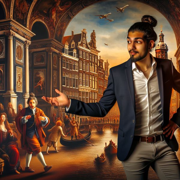 Man in modern zakenkleding staat overweldigd in een barokke stadsscène met Amsterdamse grachten en bruggen, symboliserend een verwijzing naar een eerdere situatie