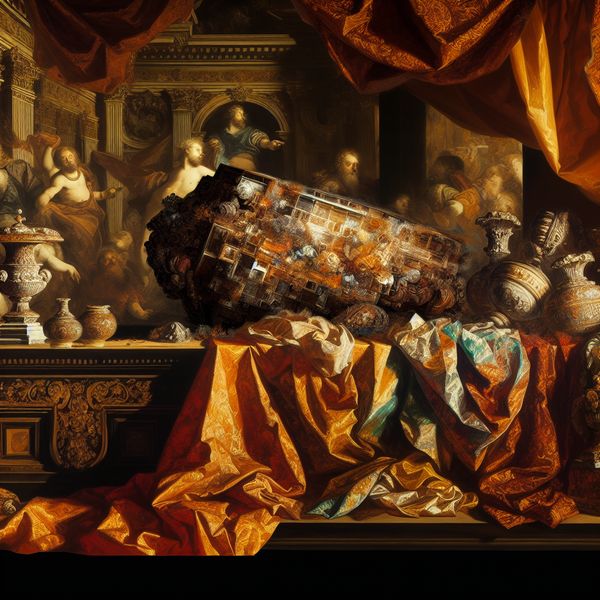 Groot en onbepaald voorwerp op een barokke tafel, omgeven door gedrapeerde stoffen en kleurrijke objecten