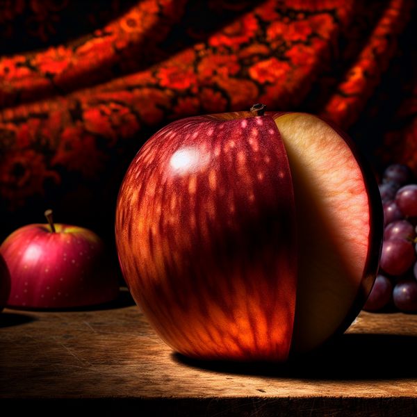 Barokke Stillife van een Appel in Helft Still leven met de helft van een appel op een houten tafel, belicht met dramatische schaduwen, omringd door andere vruchten zoals druiven en vijgen.