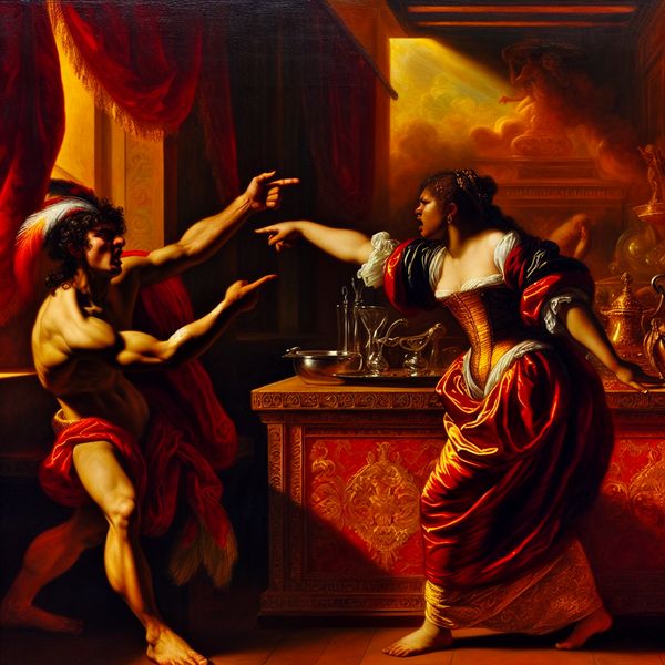 Barokke illustratie van tegenspraak en bevestiging in taal leren Barokke scène van twee figuren in een intense discussie over een schoon aanrecht, illustrerend tegenspraak en bevestiging in taalgebruik