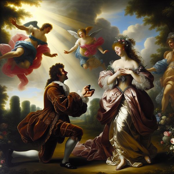 Barokke verlovingsscène in de stijl van Peter Paul Rubens met een stel in een zonnige tuin in Parijs, de man knielt en biedt een ring aan