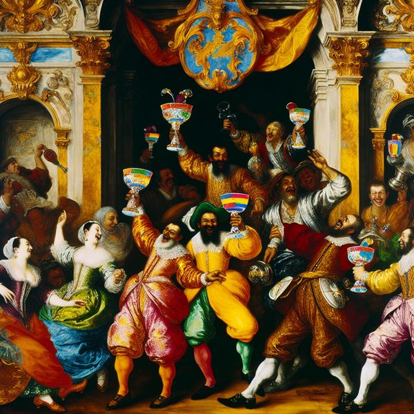 Vibrante Barokke feestscène met trofeeën en vreugde Vrolijke bijeenkomst in een luxueuze speelkamer met diverse mensen die kleurrijke trofeeën houden