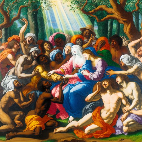 Barokke Vriendschap in een Tuin Een levendige en dynamische baroktaferelen van diverse vrienden die samen in een weelderige tuin lachen en elkaar omhelzen, hun sterke band en affectie tonend.
