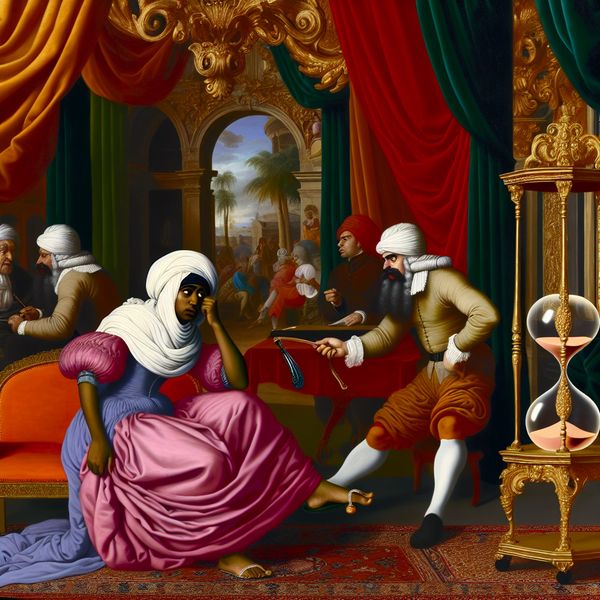 Gefrustreerde vrouw in barokke wachtkamer Vibrante barokke scène van een gefrustreerde vrouw in een luxueuze wachtkamer met overvloedige decoraties, die haar onvrede uitdrukt terwijl ze op haar voet tikt en naar de arts in de achtergrond kijkt.