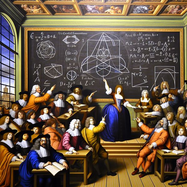 Wiskundeles in barokstijl: dynamische klas met leerlingen en leraar Barokke klas met levendige wiskundeles, dramatische figuren en complexe vergelijkingen op een groot schoolbord
