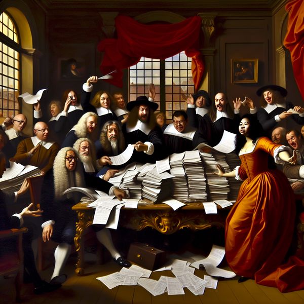 Barokke scene van zakelijke uitgavenverantwoording Barokke scène van een diverse groep professionals die rond een groot, versierd tafel zitten, waarbij ze hun onkosten van een zakenreis presenteren.