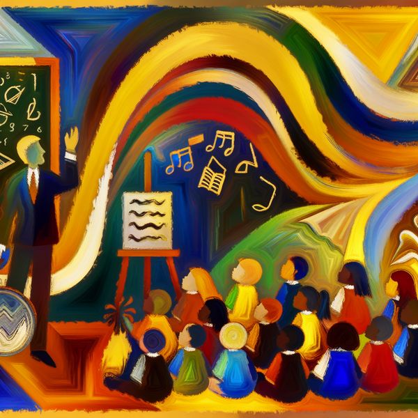 Abstract expressionistisch schilderij van een basisschoolleerkracht die verhalen vertelt aan jonge kinderen in een levendige klas