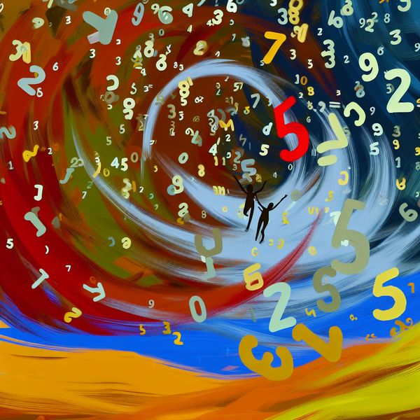 Abstract expressionistische illustratie van een levendige basisschoolklas waar kinderen rekenen en taal leren, met zwevende letters en cijfers als bouwstenen van kennis