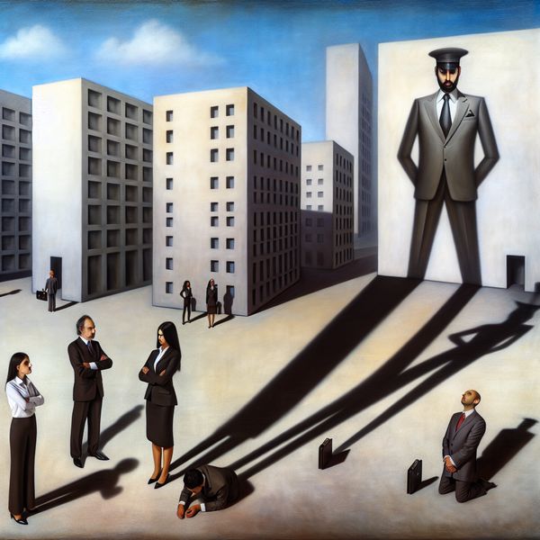 Bazig gedrag op kantoor: surrealistische weergave van autoritaire leidinggevende Surrealistische kantoorscène met een bazige leidinggevende die autoritair boven collega's uittorent, hyperrealistisch in de stijl van Carel Willink