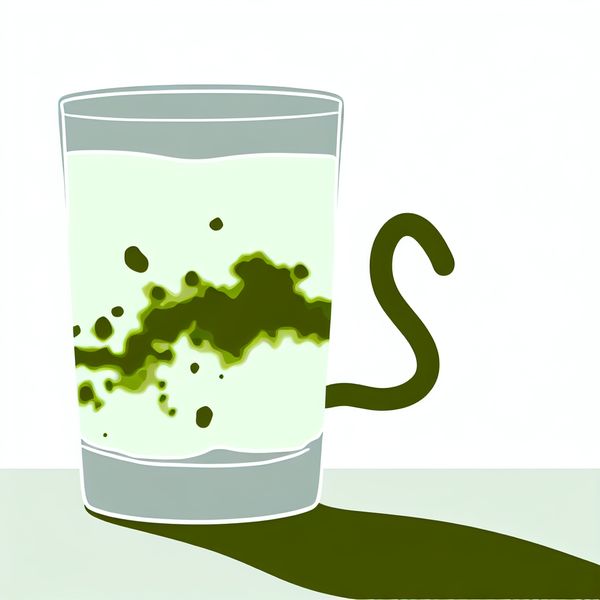 Minimalistische illustratie van een glas bedorven melk met groene schimmel en een vieze geur, in de stijl van Dick Bruna