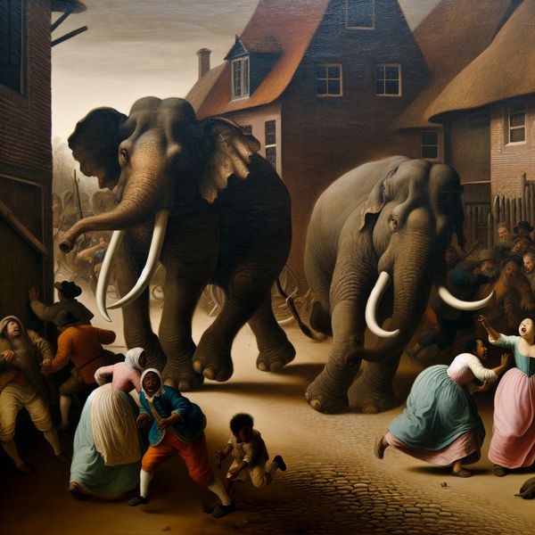 Bedreiging in historisch dorp: olifant veroorzaakt paniek onder 17e-eeuwse dorpelingen Gedetailleerde 17e-eeuwse Nederlandse dorpsscène met een op hol geslagen olifant die paniek zaait onder de inwoners, illustrerend het concept bedreiging
