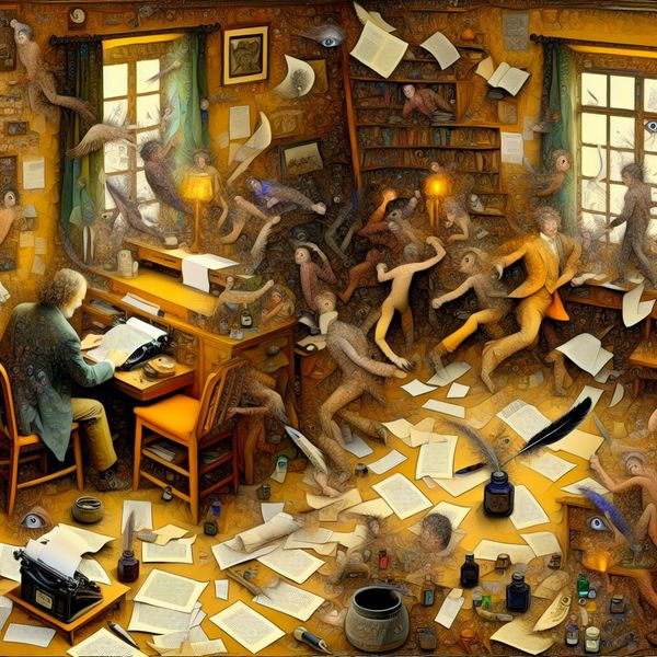 Schrijfkamer vol levendige details in de stijl van Jan Steen, waar een auteur met een beeldende schrijfstijl verhalen tot leven brengt