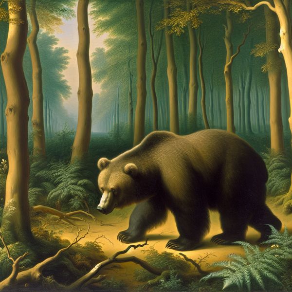 Een majestueuze beer wandelt voorzichtig door een bos, omringd door bomen en varens, met zijn glanzende vacht in het zachte licht.