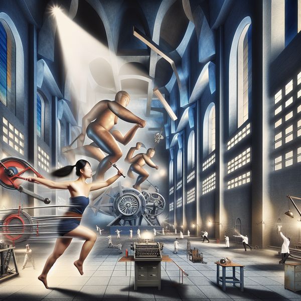 Beest op het werk: hyperrealistische weergave van een onstuitbare werker Hyperrealistisch surrealistisch tafereel van een vastberaden persoon in een industriële werkruimte, omringd door zwevende gereedschappen en een etherische gloed, symboliserend onvermoeibare inzet en kracht