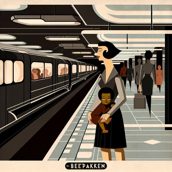 Illustratie van een moeder die haar dochter stevig beetpakt op een druk treinstation in retro-futuristische stijl, symboliserend veiligheid en zorg