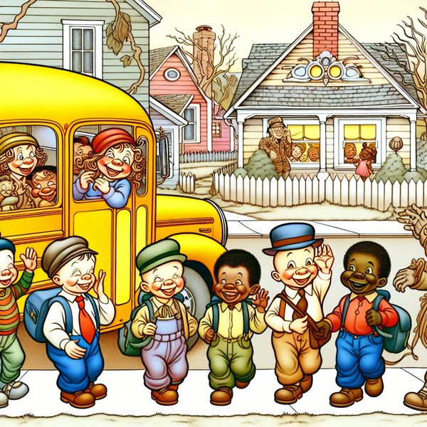 Begeleiden betekenis: samen op weg naar school met vrienden Vrolijke groep kinderen stapt in een kleurrijke schoolbus, terwijl een kind zwaait naar een ouder, in een speelse cartoonstijl