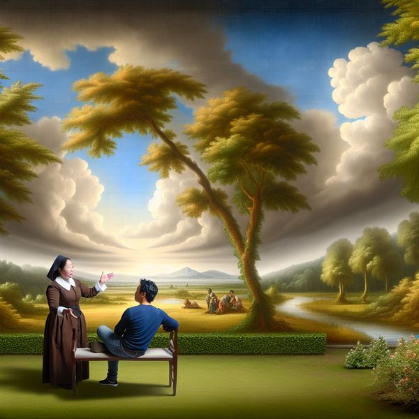 Begeleiding en Mentorervaring in een Groene Parksetting Een persoon zit op een bank in een groen park terwijl hij met een coach in gesprek is, die naar de horizon wijst.