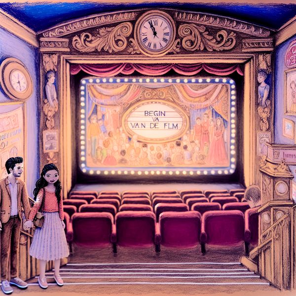 Begin van de Film: Magische Momenten in een Vintage Bioscoop Een jong stel wacht hand in hand voor een grote filmprojectie met de woorden 'Begin van de Film' in een vintage bioscoop met sprookjesachtige versieringen.