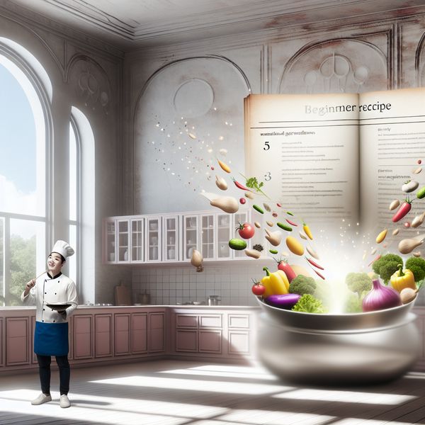 Een hyper-realistisch tafereel van een luchtige keuken met een blije beginnende chef die een eenvoudig recept volgt, omringd door kleurrijke groenten en kruiden.