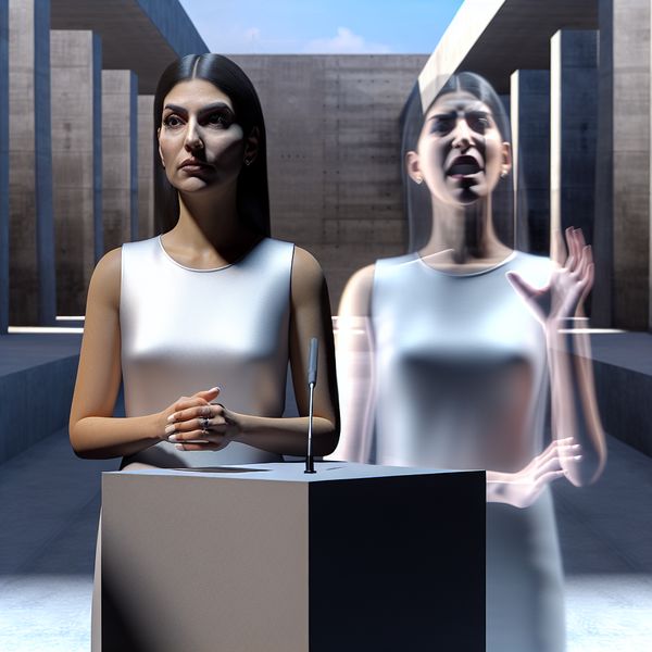 Surrealistische voorstelling van een vrouw die zich emotioneel inhoudt tijdens een debat, met een transparante schaduw die haar onderdrukte emoties symboliseert