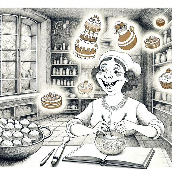 Vrolijke jonge vrouw beheerst het bakken in een magische keuken met zwevende gebakjes en taarten, symboliserend het volledig onder de knie krijgen van een vaardigheid