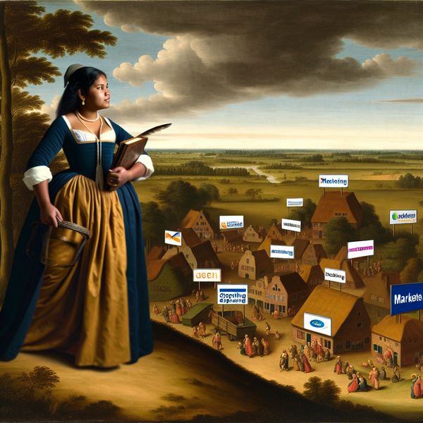 17e-eeuwse Nederlandse landschapsschildering van een professionele vrouw die een dorp overziet, symbool voor het beheren van werk of taken in een team