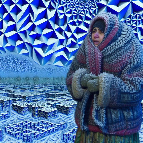 Surrealistische voorstelling van een persoon in de kou met geometrische ijsformaties en onmogelijke architectuur, geïnspireerd op M.C. Escher, ter illustratie van 'behoorlijk koud'