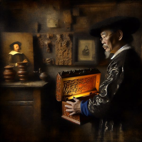 Oude man in traditionele Nederlandse kleding houdt een houten kistje vast in een door kaarslicht verlichte kamer, symboliserend behouden van tradities en herinneringen