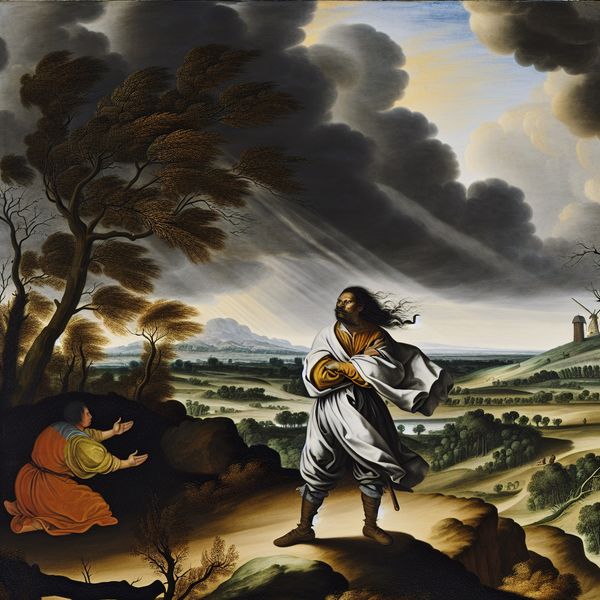 17e-eeuwse Hollandse landschapsschildering met een trots persoon op een winderige heuvel, armen over elkaar, onder een stormachtige lucht, symboliserend zelfstandigheid en afwijzing van medelijden