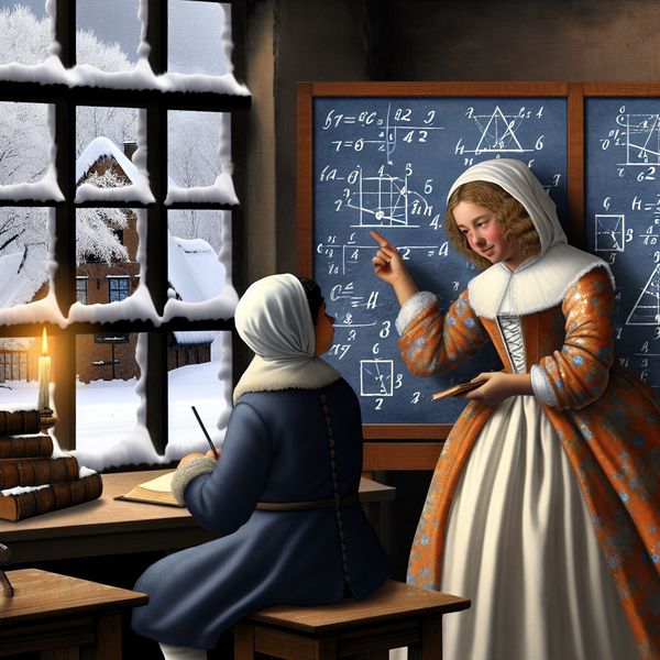 Bekwaam uitleggen van wiskunde: leerzame scène met krijtbord en winterlandschap Jonge vrouw legt in een sfeervolle winterse kamer ingewikkelde wiskunde uit aan haar jongere broer of zus met een krijtbord vol formules en diagrammen