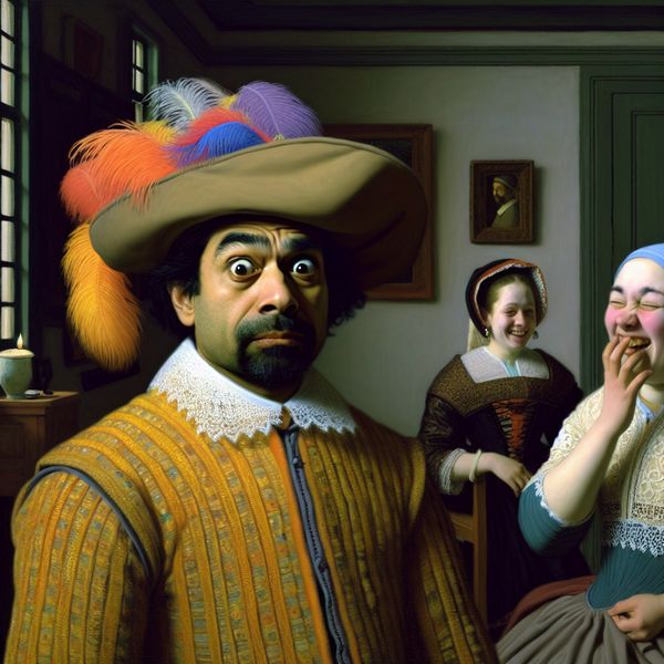 Klassiek schilderij in Vermeer-stijl van een man met een belachelijk grote, kleurrijke hoed die scheef op zijn hoofd staat, terwijl twee vrouwen op de achtergrond geamuseerd reageren