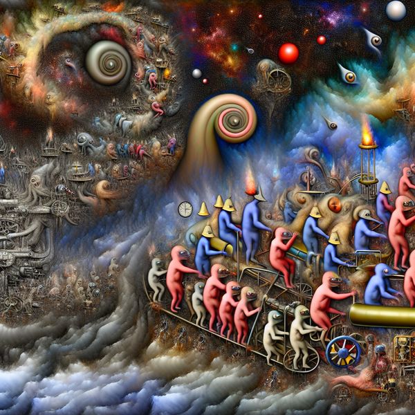 Een groep bizarre, fantasieachtige wezens die samenwerken aan een complexe taak in een duistere, surrealistische omgeving