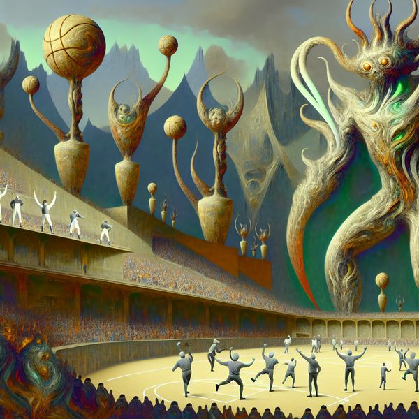 Belang van winnen in sport - Surrealistische kunst geïnspireerd door Bosch Surrealistische afbeelding van een sportarena gevuld met bizarre wezens, waarbij de nadruk ligt op het belang van winnen in de sport.