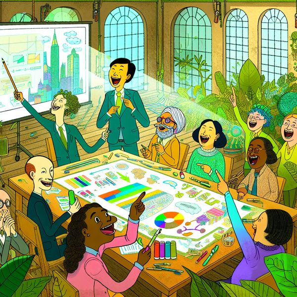 Belanghebbenden in een projectbespreking Een diverse groep belanghebbenden staat rond een tafel en bespreekt een levendig projectplan.