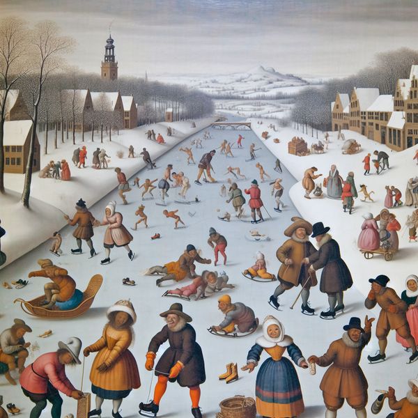 Drukke winterse ijsbaan met mensen die zich haasten voor een belangrijk moment, geschilderd in de stijl van Hendrick Avercamp